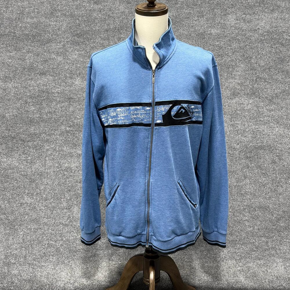 Quiksilver Jacket Mens XL Blue Full Zip Track Stand Collar Stripe Logo Skate